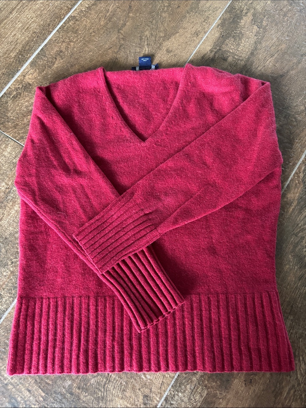 Ann Taylor Deep Red V-Neck Rib-Hem Sweater